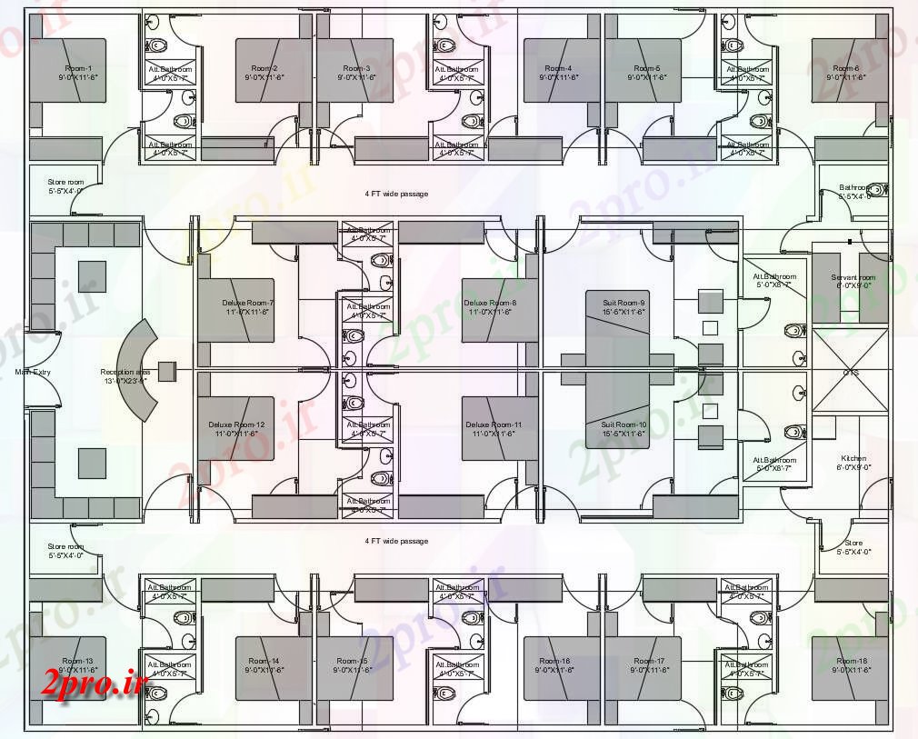 دانلود نقشه هتل ،مهمانسرا ، خوابگاه ، متل 68×81 متر (کد30717)