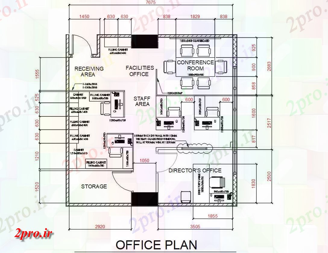 دانلود نقشه دفتر کار ، تجاری ، اداری ، کارگاه ، کارخانه ، شرکت 7×7 متر (کد31193)
