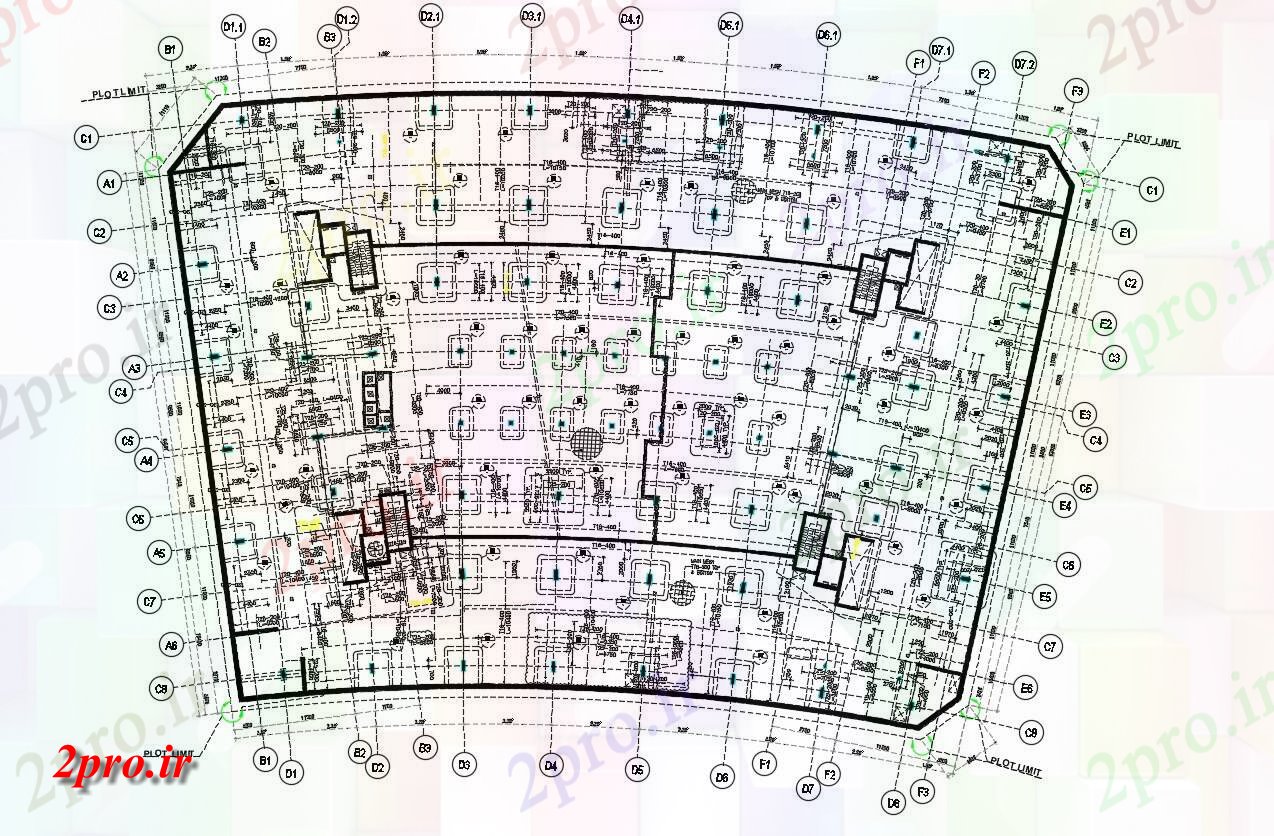 دانلود نقشه طرح بندی ستون ساختمان تجاری 73 در 108 متر (کد31518)