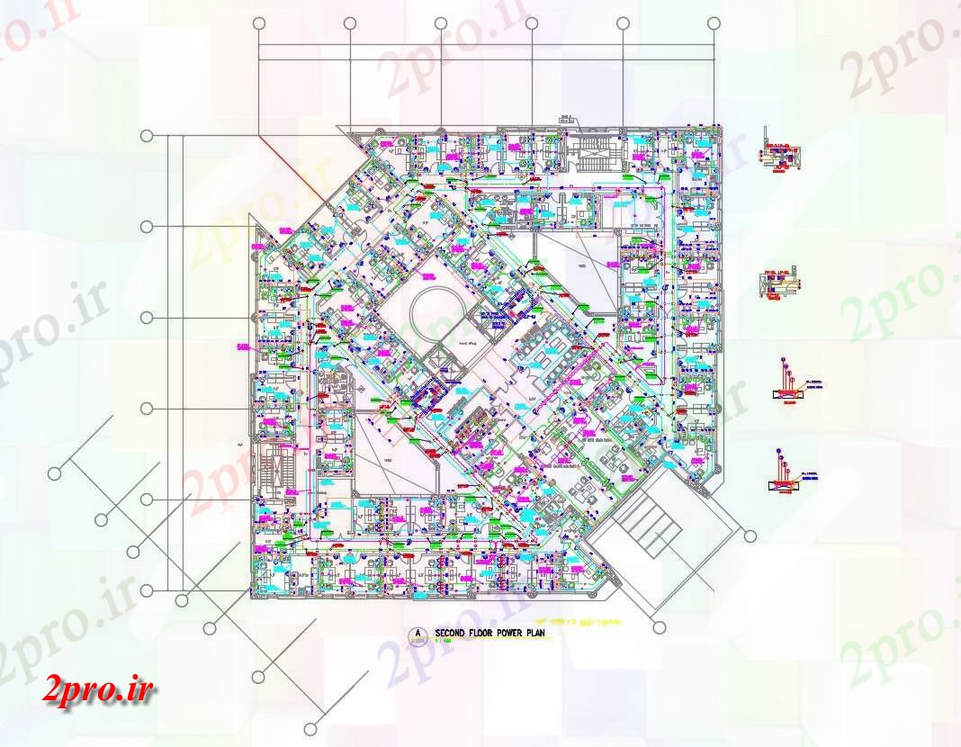 دانلود نقشه  نقشه برق طبقه دوم تجاری ، اداری ، بازرگانی 45×45 متر (کد31714)