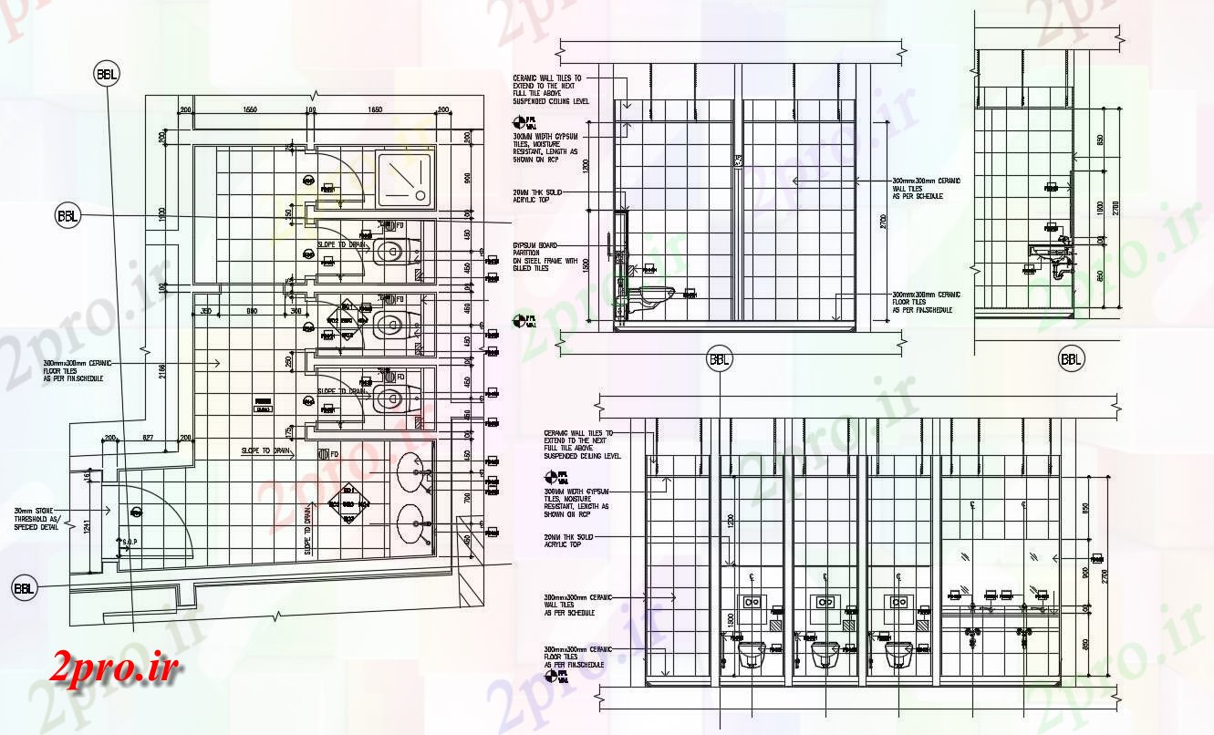 دانلود نقشه اتوکدی توالت عمومی طرح طبقه و ارتفاع 4 در 5 متر (کد31716)