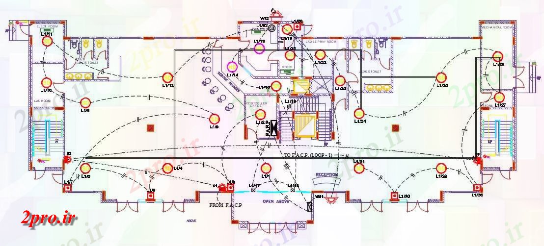 دانلود نقشه سیم کشی برق تجاری ، اداری ، دفتر کار ، بازرگانی 25×53 متر (کد31770)