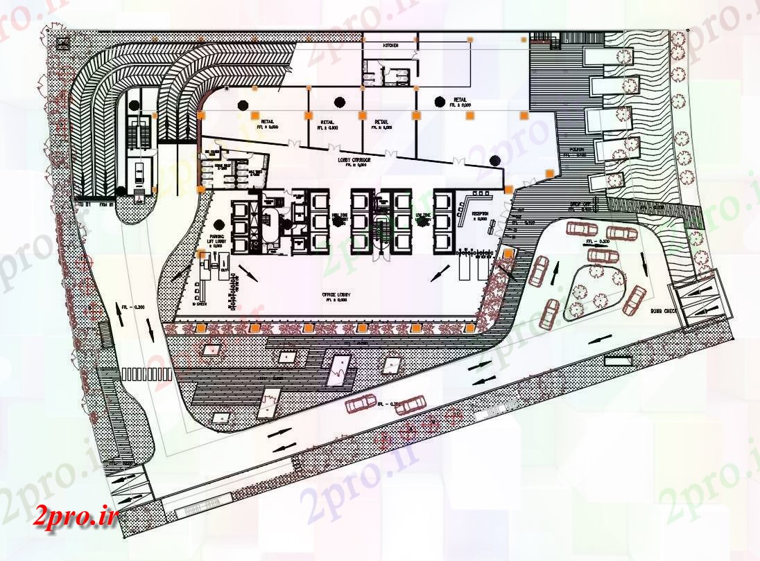 دانلود نقشه  ساختمان تجاری طبقه همکف طرح کد 45×57 متر (کد32001)