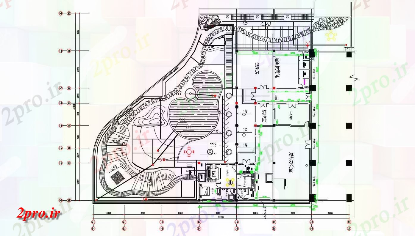 دانلود نقشه باشگاه ، ورزشگاه ، سالن ورزش ، طراحی محوطه ، پارک 39×54 متر (کد32352)