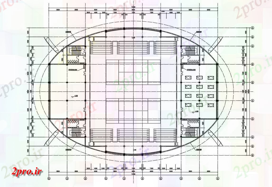 دانلود نقشه استادیوم ، ورزشگاه ، سالن ورزش ، باشگاه 56×74 متر (کد32377)