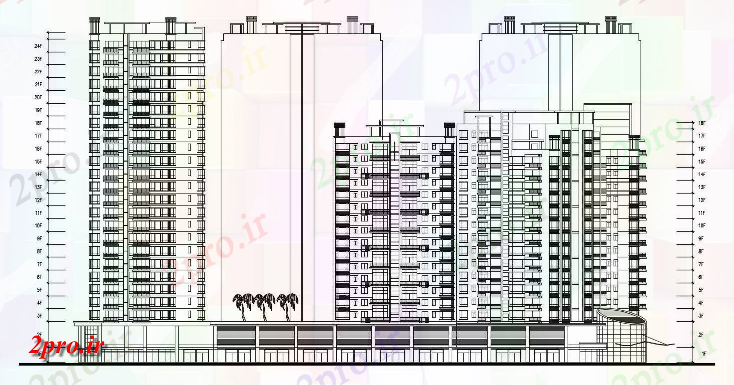 دانلود نقشه نما و برش ساختمان ، برج ، اپارتمان   (کد32399)