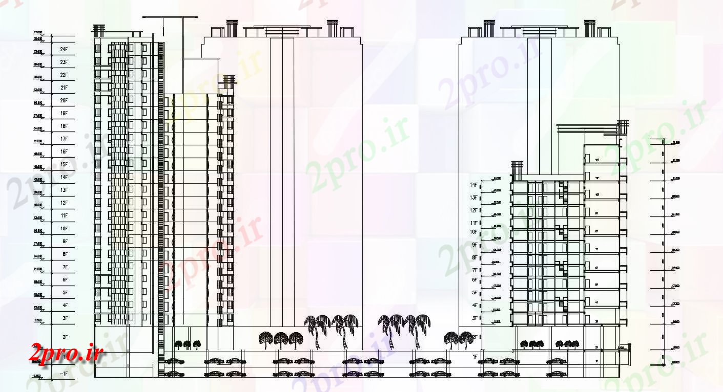 دانلود نقشه نما و برش ساختمان ، برج ، اپارتمان   (کد32406)