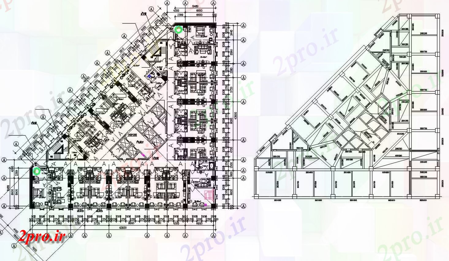دانلود نقشه هتل ،مهمانسرا ، خوابگاه ، متل 44×44 متر (کد32916)