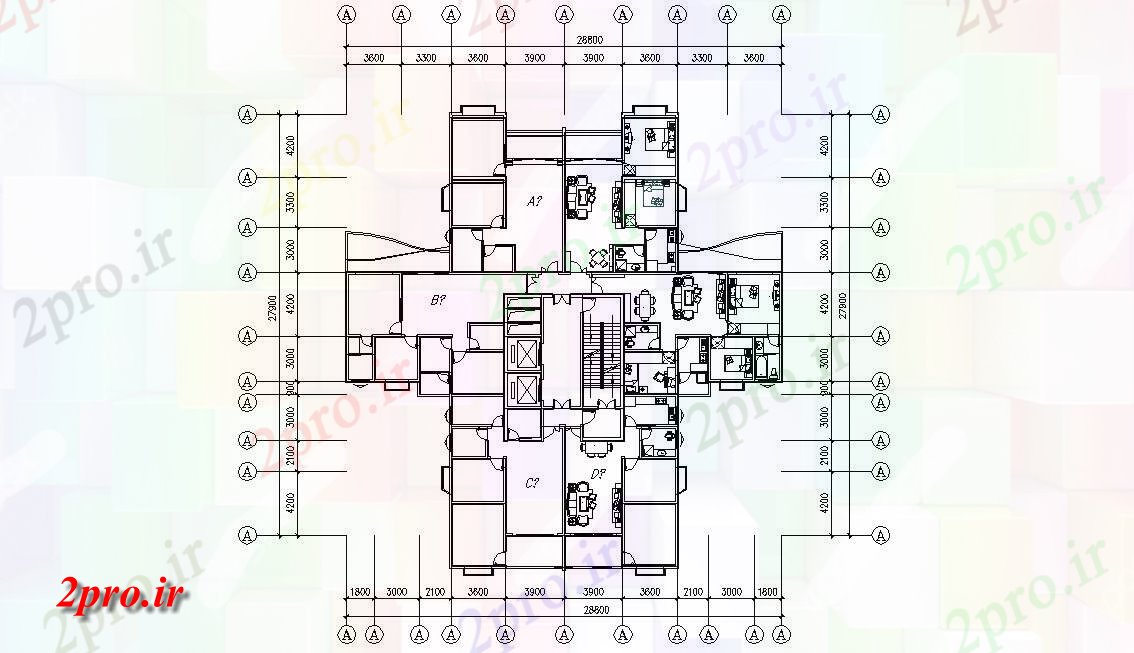 دانلود نقشه مجتمع مسکونی ، اپارتمان 28×29 متر (کد32979)