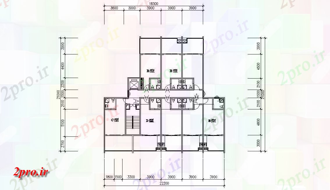 دانلود نقشه تجاری ، اداری ، دفتر کار 18×21 متر (کد32982)