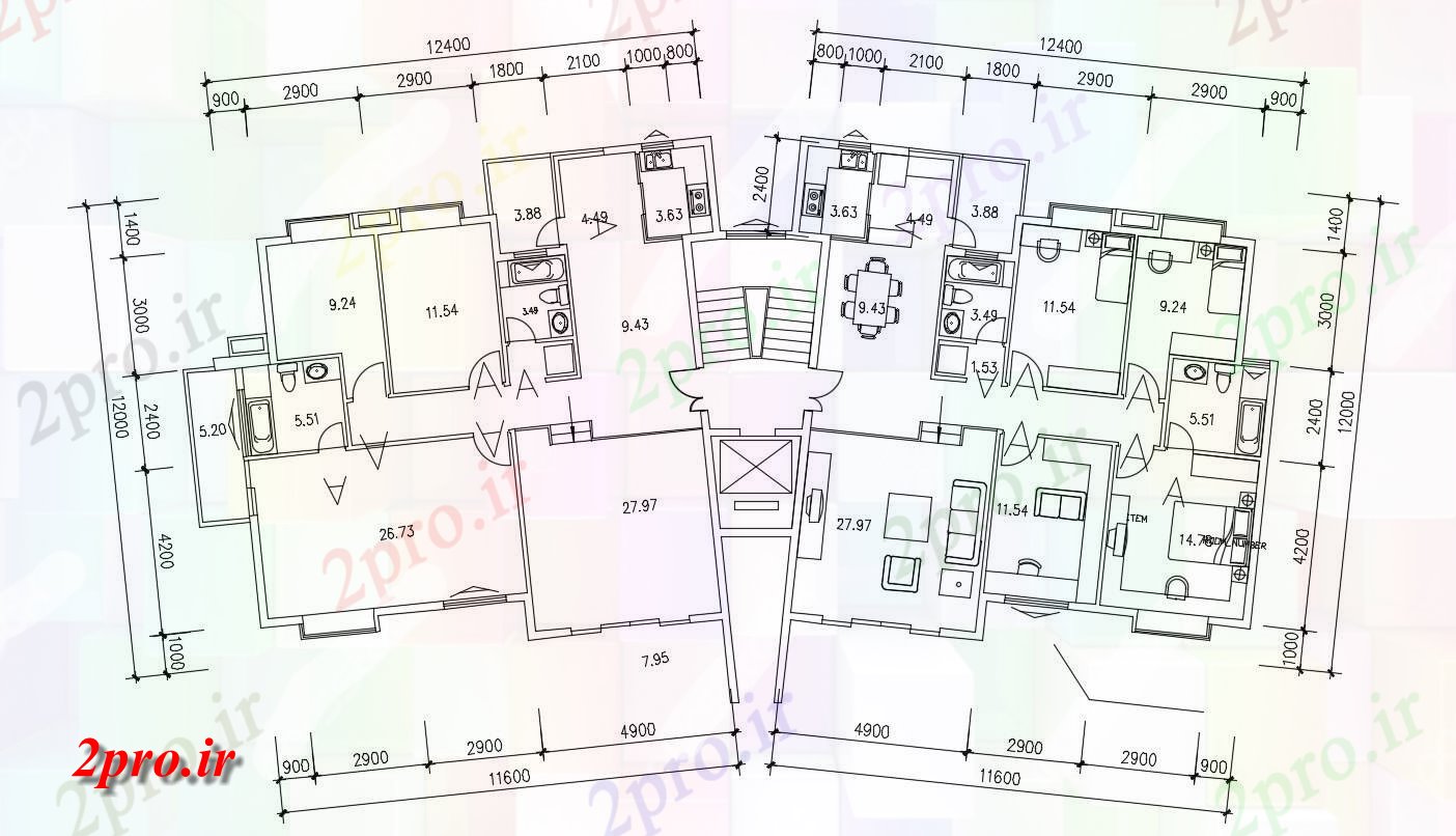 دانلود نقشه مسکونی ، ویلا ، دوبلکس ، اپارتمان 12×27 متر (کد33135)