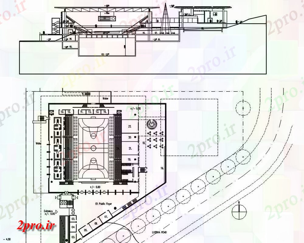 دانلود نقشه ورزشگاه ، سالن ورزش ، باشگاه 50×58 متر (کد33136)