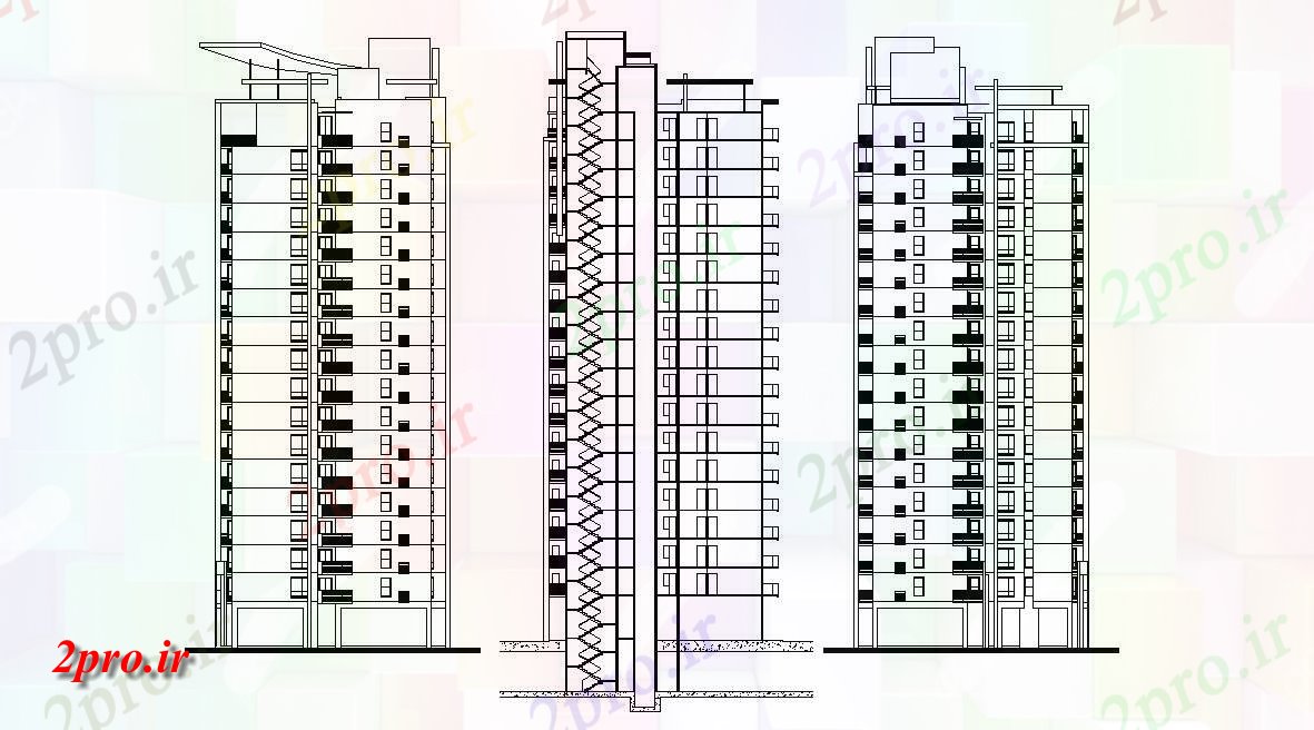 دانلود نقشه نما و برش ساختمان ، برج ، اپارتمان   (کد33210)