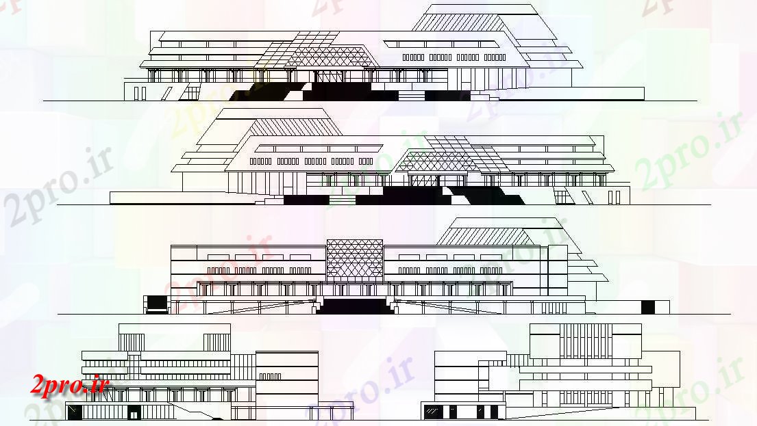 دانلود نقشه نما و برش ساختمان بازرگانی  (کد33424)