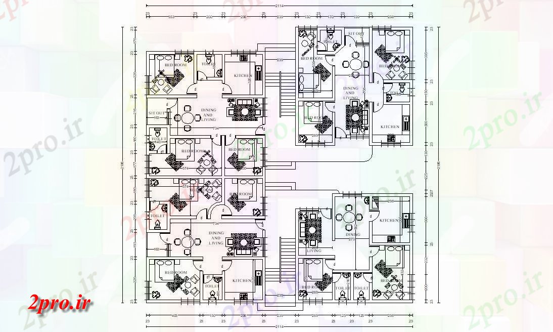 دانلود نقشه مسکونی ، ویلایی ، آپارتمان 21×22 متر 21 در 21 متر (کد33581)