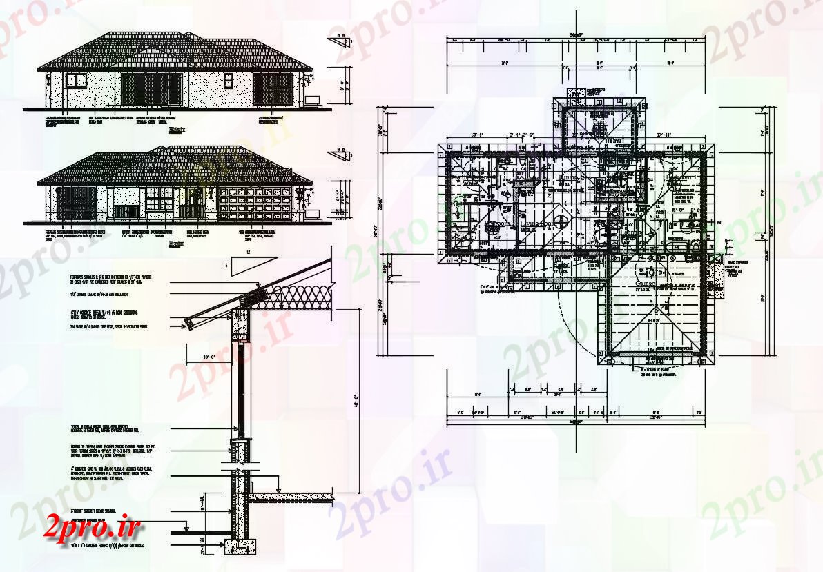 دانلود نقشه نما و جزئیات ساختمان 54×56 متر (کد33584)