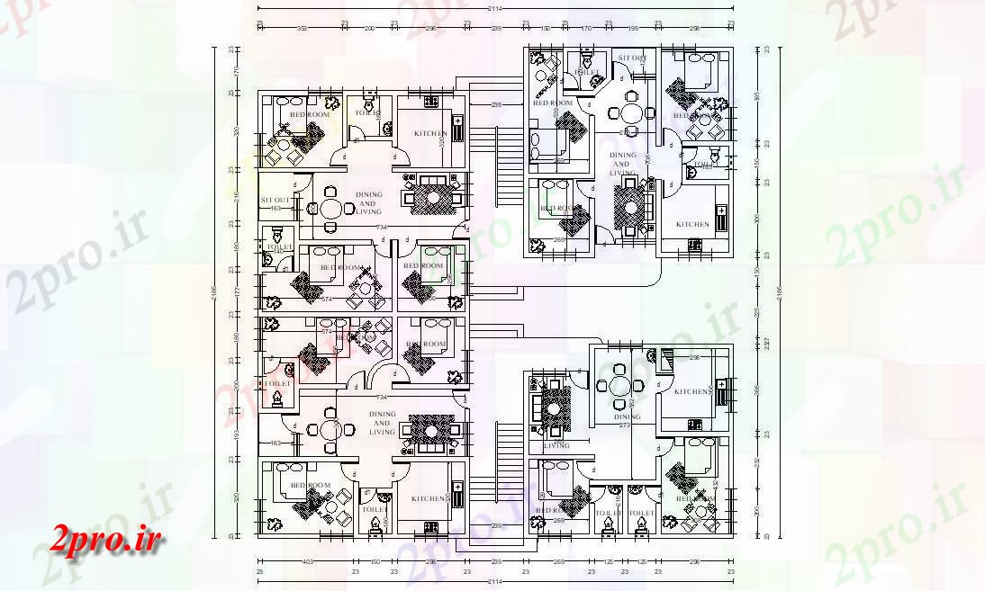 دانلود نقشه مسکونی ، اپارتمان ، ویلایی 21×21 متر 21 در 21 متر (کد33621)