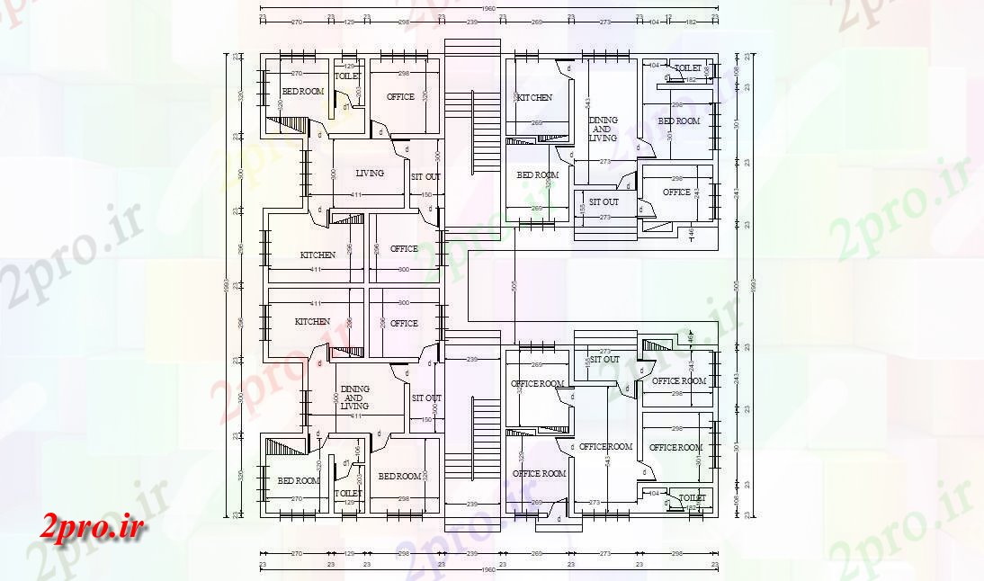 دانلود نقشه تجاری ، اداری ، دفتر کار ، فروشگاه ، هایپر ، مسکونی 19×19 متر (کد33632)