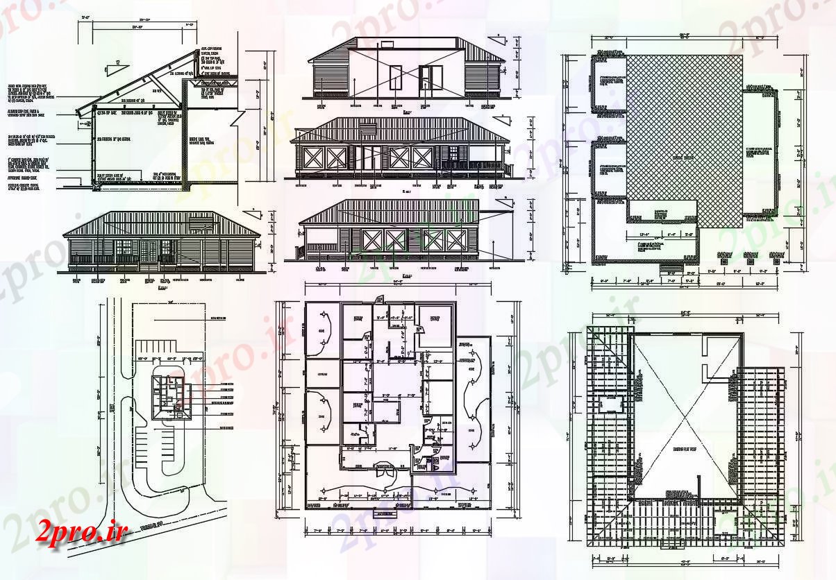 دانلود نقشه نما برش ویلا ، دوبلکس ، مسکونی و مدار برق 64×74 متر (کد33789)