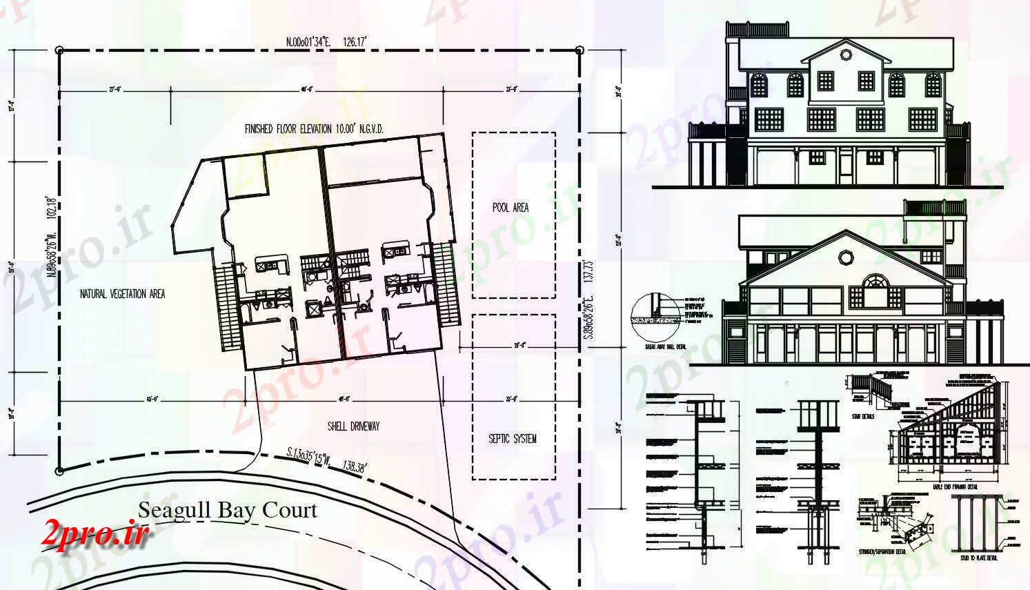 دانلود نقشه ویلا ، مسکونی ، دوبلکس به همراه نما و جزییات سازه ای 51×66 متر (کد33799)
