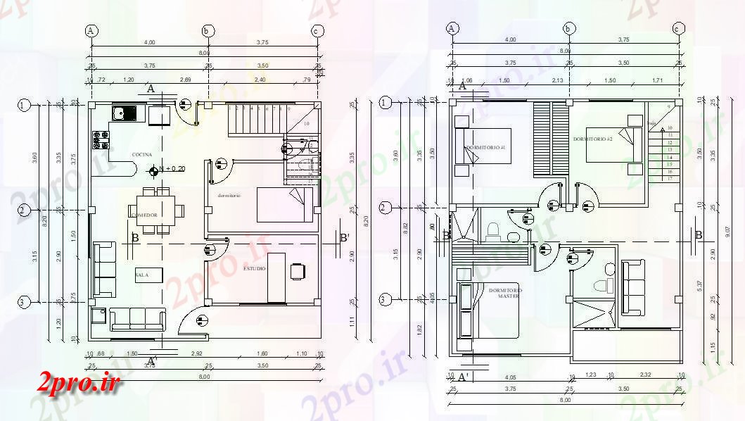 دانلود نقشه ویلا ، دوبلکس ، مسکونی 8×8 متر (کد33854)