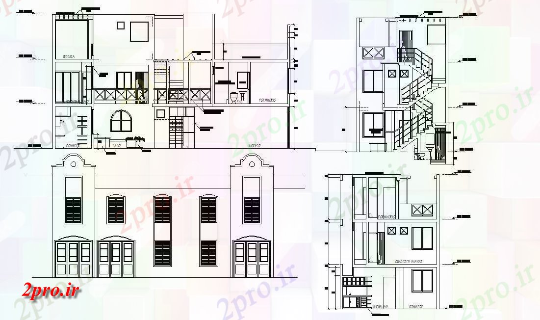 دانلود نقشه نما و برش ویلا ، دوبلکس ، مسکونی   (کد33883)