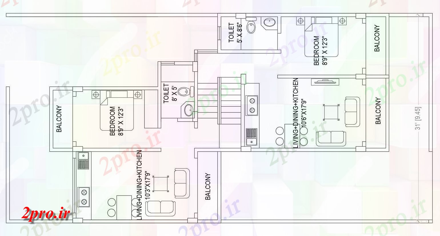 دانلود نقشه مسکونی  ، ویلایی ، آپارتمان 6×19 متر (کد33939)