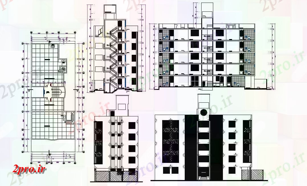 دانلود نقشه مجتمع مسکونی ، اپارتمان به همراه نما برش 10×25 متر (کد33986)