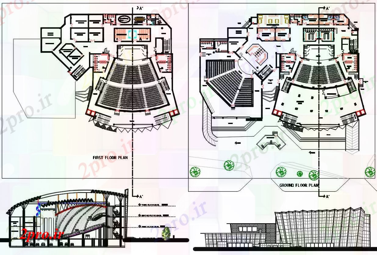 دانلود نقشه سالن اجتماعات ، سینما ، سالن کنفرانس 61×69 متر (کد34035)