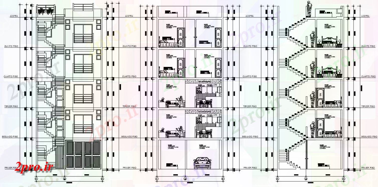 دانلود نقشه نما و برش مسکونی  ، ویلایی ، آپارتمان   (کد34147)