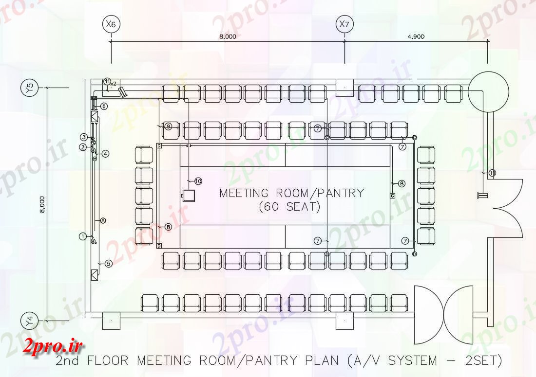 دانلود نقشه سالن اجتماعات ، سینما ، سالن کنفرانس 8×12 متر (کد34264)