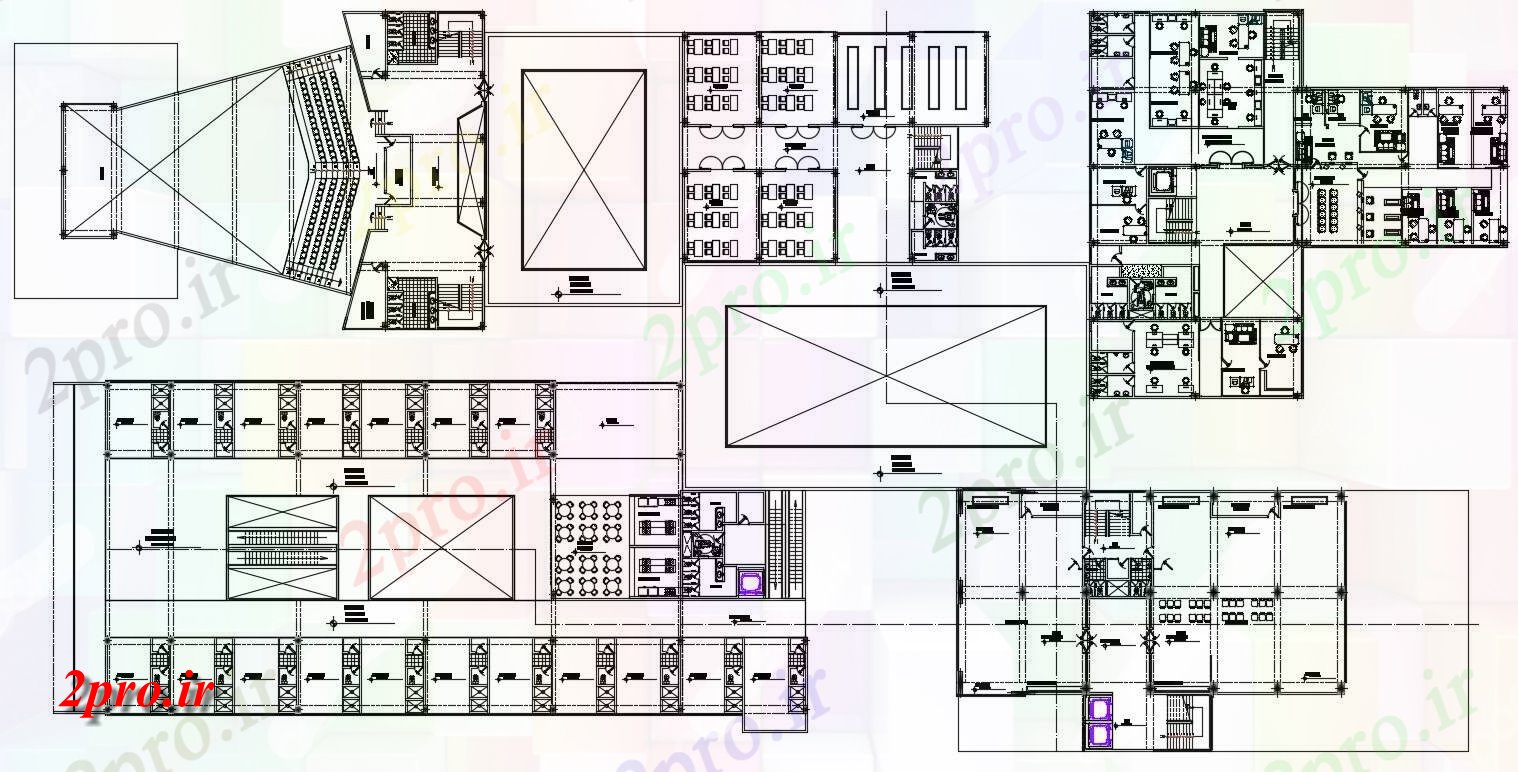 دانلود نقشه ساختمان تجاری ، اداری ، دفتر کار ، فروشگاه ، هایپر مارکت ، مرکز خرید 26×53 متر (کد34597)
