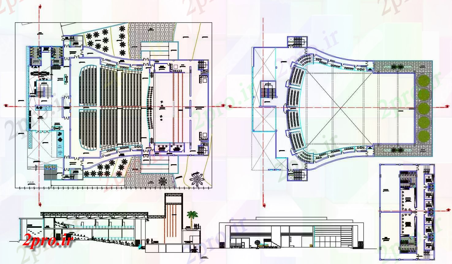 دانلود نقشه سالن اجتماعات ، سینما ، سالن کنفرانس 30×60 متر (کد34689)