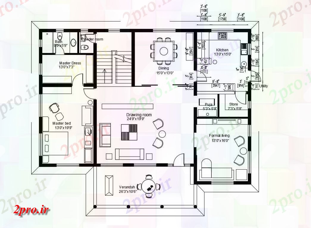 دانلود نقشه ساختمان مسکونی  ، ویلایی ، آپارتمان 41×64 متر (کد34839)