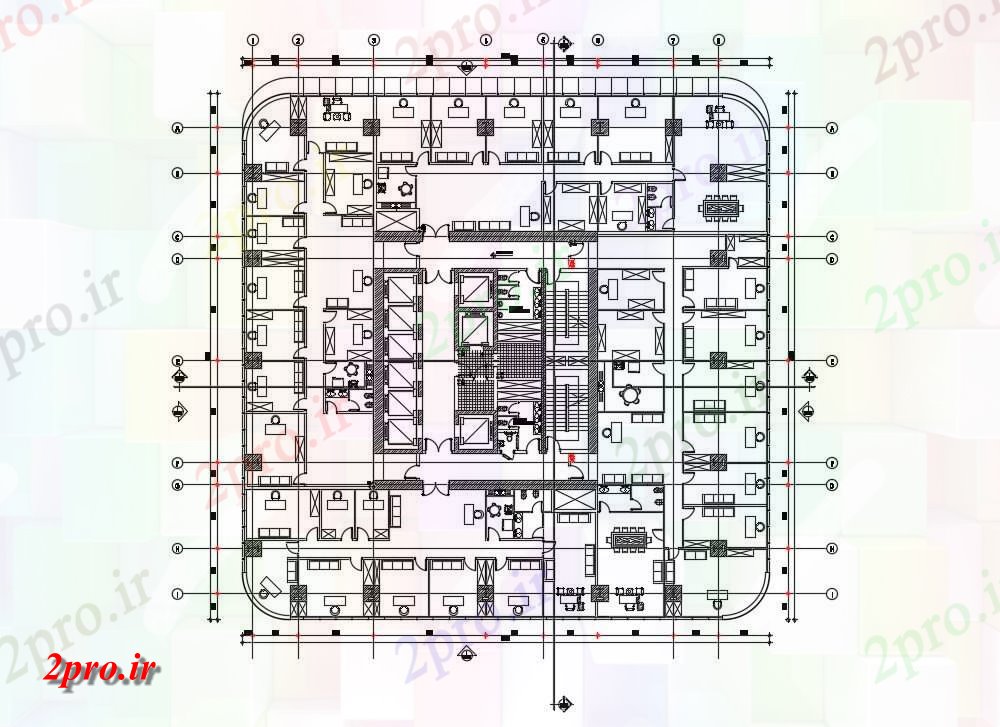 دانلود نقشه  ساختمان تجاری اداری ، دفتر کار 39×39 متر (کد35104)
