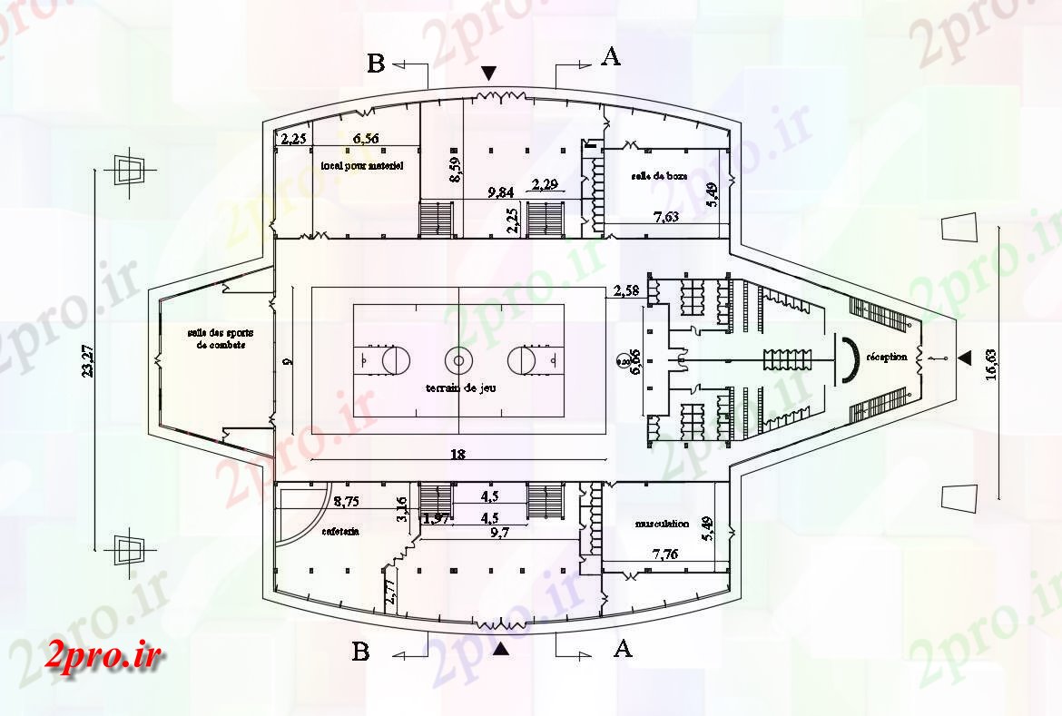 دانلود نقشه باشگاه ، ورزشگاه ، سالن ورزش 23×47 متر (کد35291)