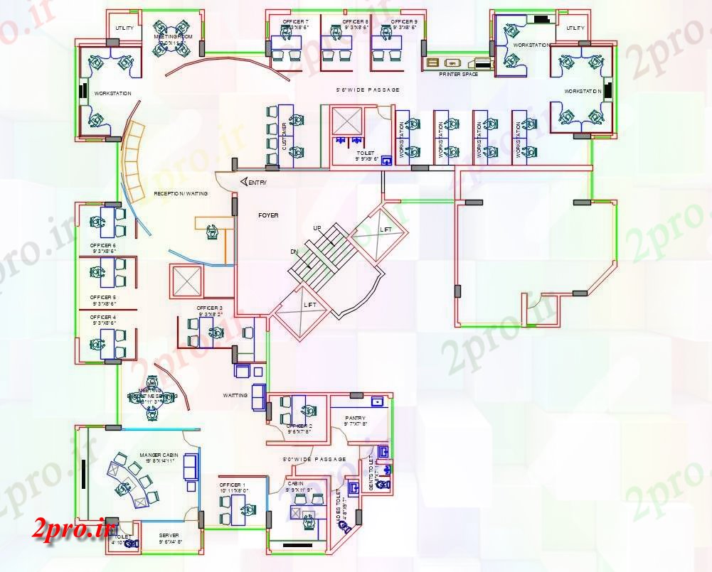 دانلود نقشه دفتر کار ، تجاری ، اداری ، کارگاه ، کارخانه ، شرکت 10×10 متر (کد35432)