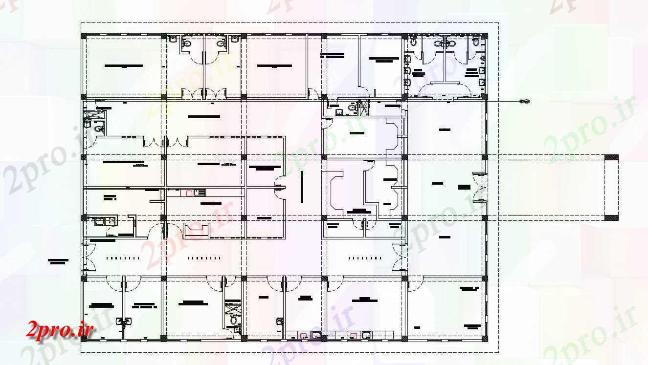 دانلود نقشه ساختمان تجاری ، اداری ، دفتر کار ، فروشگاه ، هایپر مارکت ، مرکز خرید 22×29 متر (کد35482)