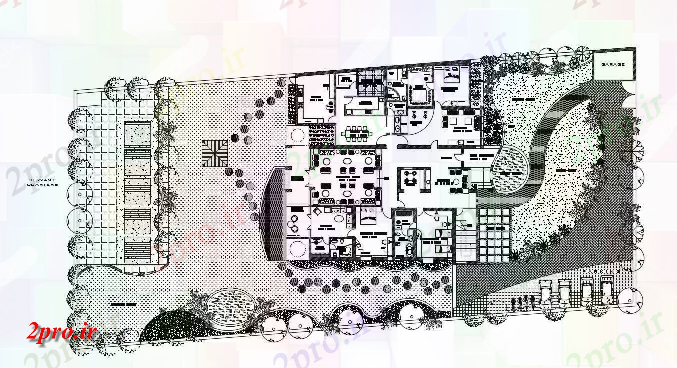 دانلود نقشه مجتمع مسکونی ، اپارتمان با طراحی محوطه 93×94 متر (کد35567)