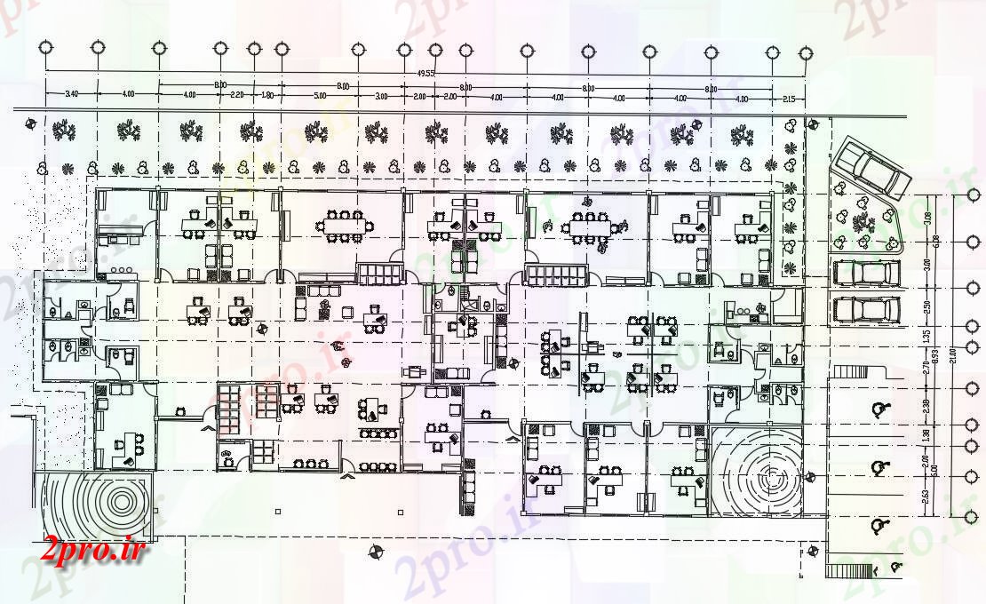دانلود نقشه  ساختمان اداری تجاری ، اداری ، دفتر کار 21×50 متر (کد35589)