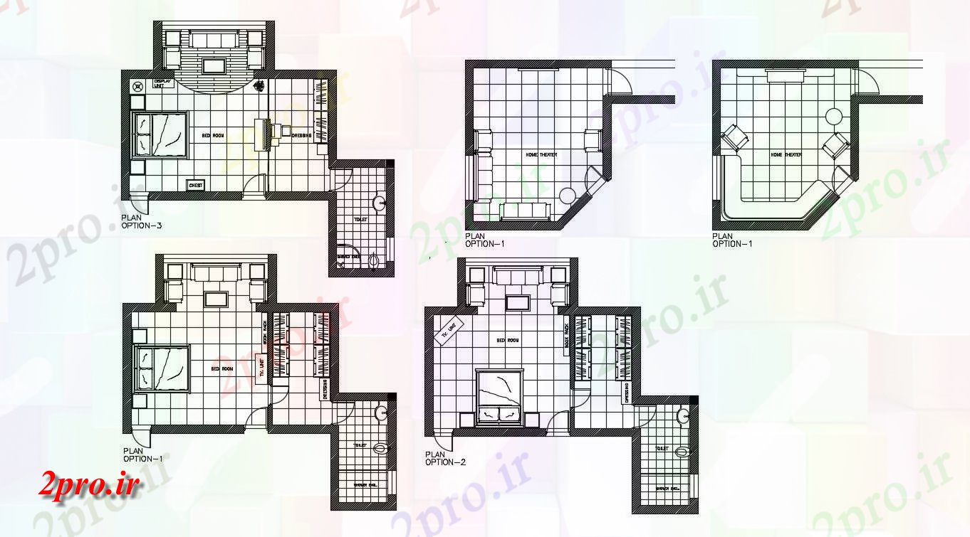دانلود نقشه چیدمان چندمدل اتاق خواب 4×4 متر (کد35604)