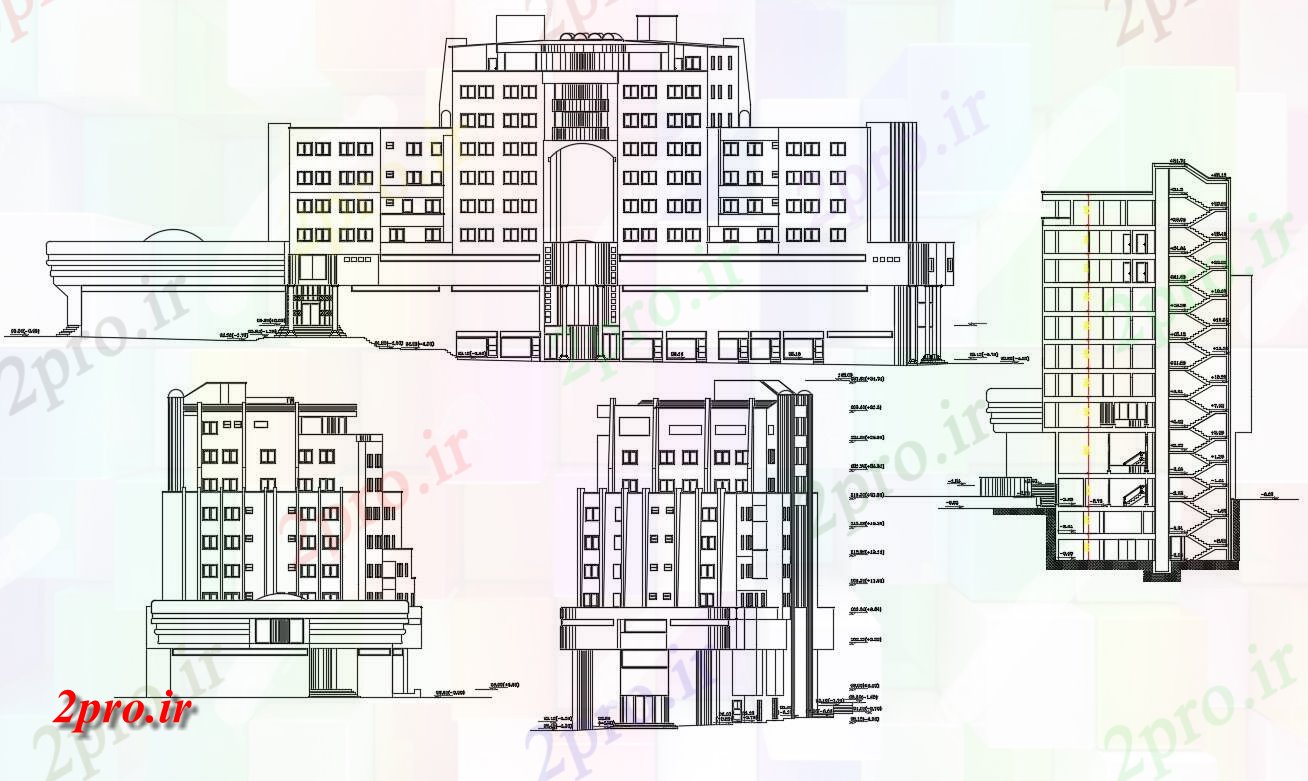 دانلود نقشه نما و برش ساختمان تجاری  (کد35630)