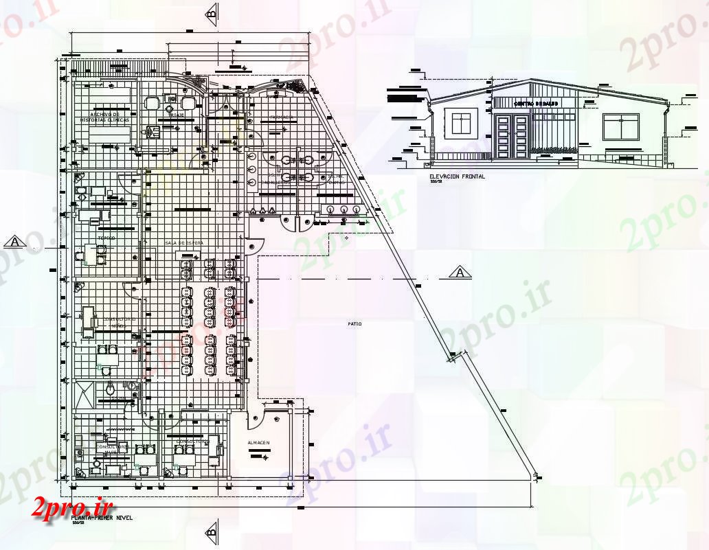 دانلود نقشه نما مرکز بهداشت درمانگاه ، بیمارستان 12×25 متر 12 در 22 متر (کد35722)