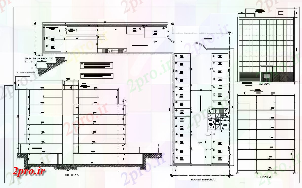 دانلود نقشه  ساختمان اداری تجاری با نما و برش 34×57 متر (کد35735)