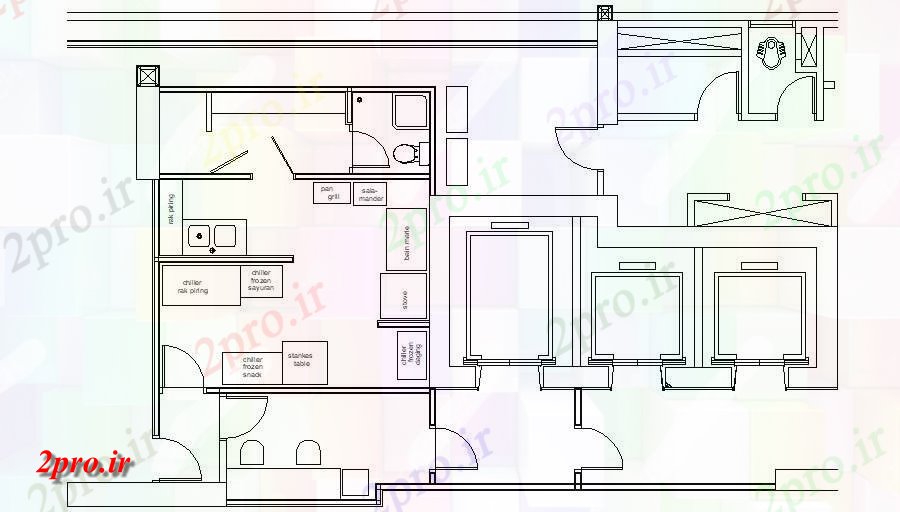 دانلود نقشه  طرح رستوران آشپزخانه 9×14 متر (کد35755)
