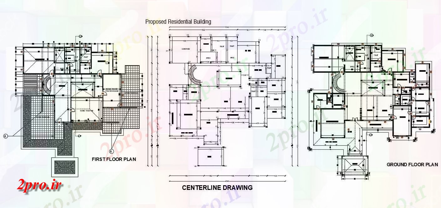 دانلود نقشه ساختمان مسکونی  ، ویلایی ، آپارتمان 34×37 متر (کد35992)