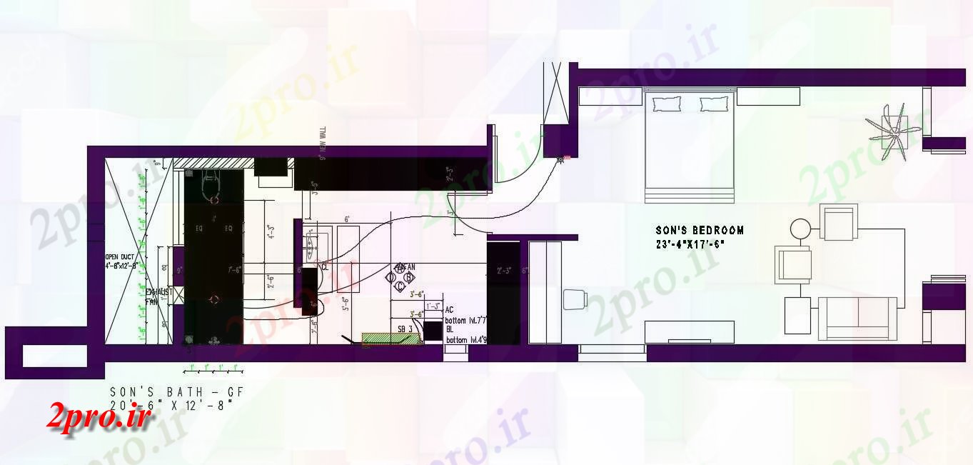 دانلود نقشه طراحی اتاق خواب 3×8 متر (کد36040)