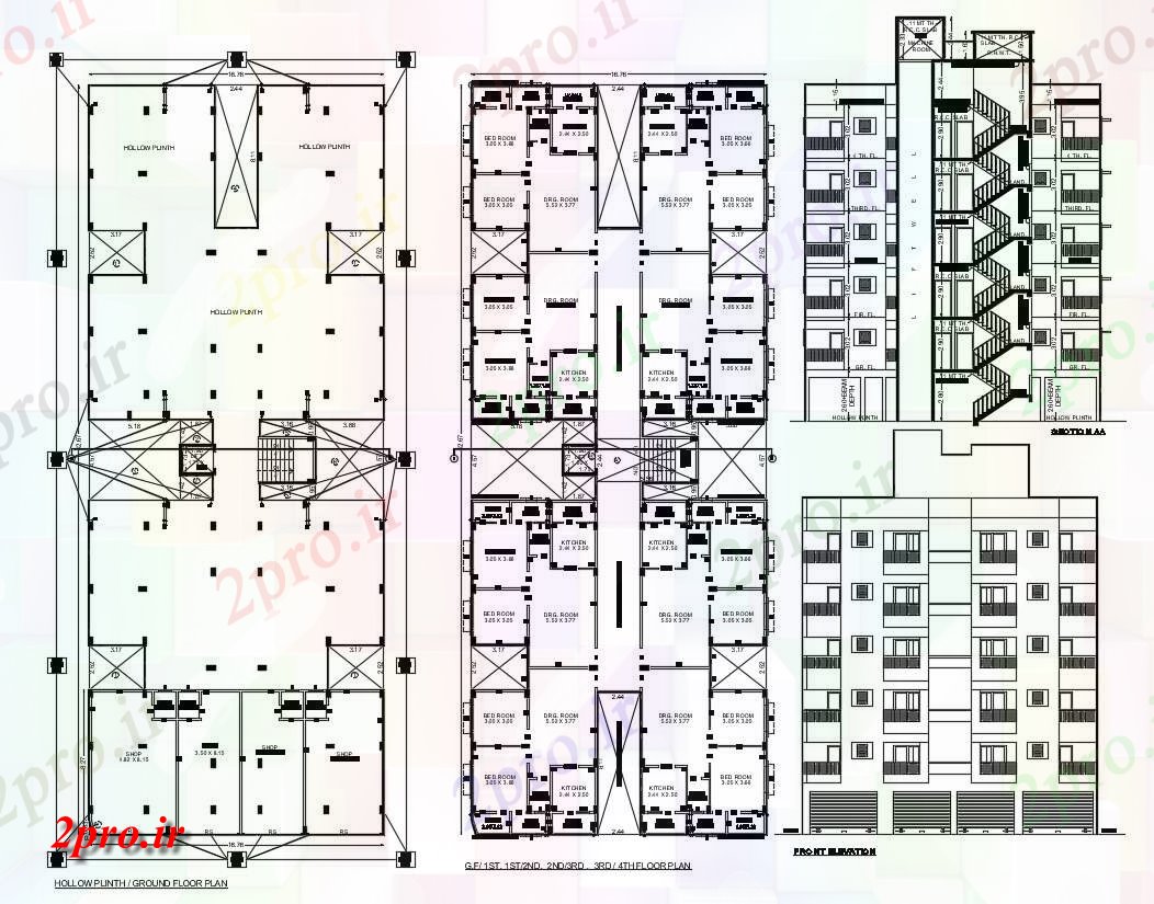 دانلود نقشه ساختمان مسکونی  ، ویلایی ، آپارتمان 16×42 متر (کد36094)