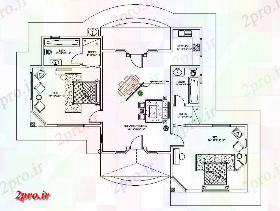 دانلود نقشه ساختمان مسکونی  ، ویلایی ، آپارتمان 43×57 متر (کد36194)