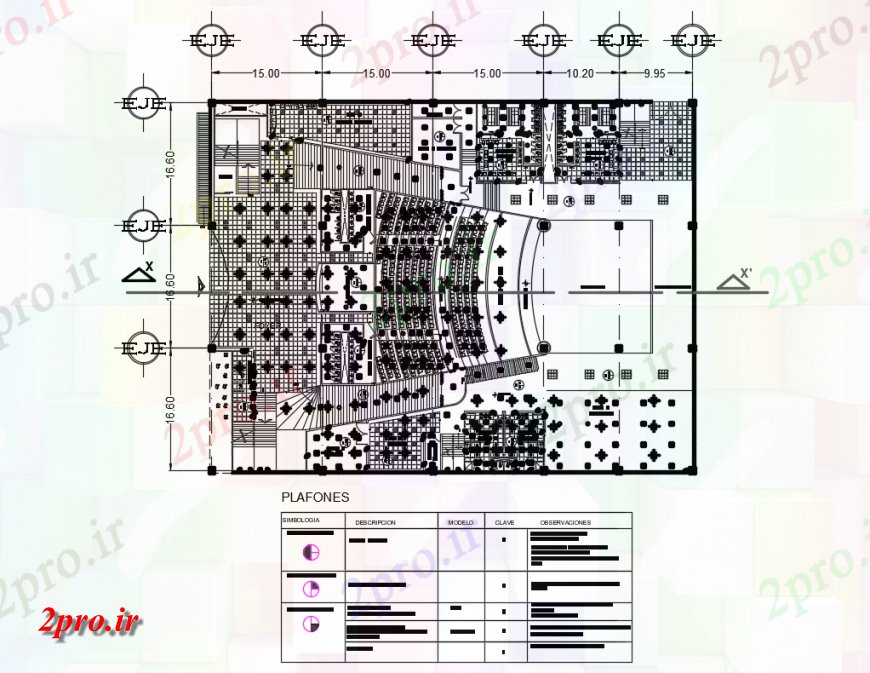 دانلود نقشه سالن سینما ، امفی تئاتر ، سالن کنفرانس 49×65 متر (کد36813)